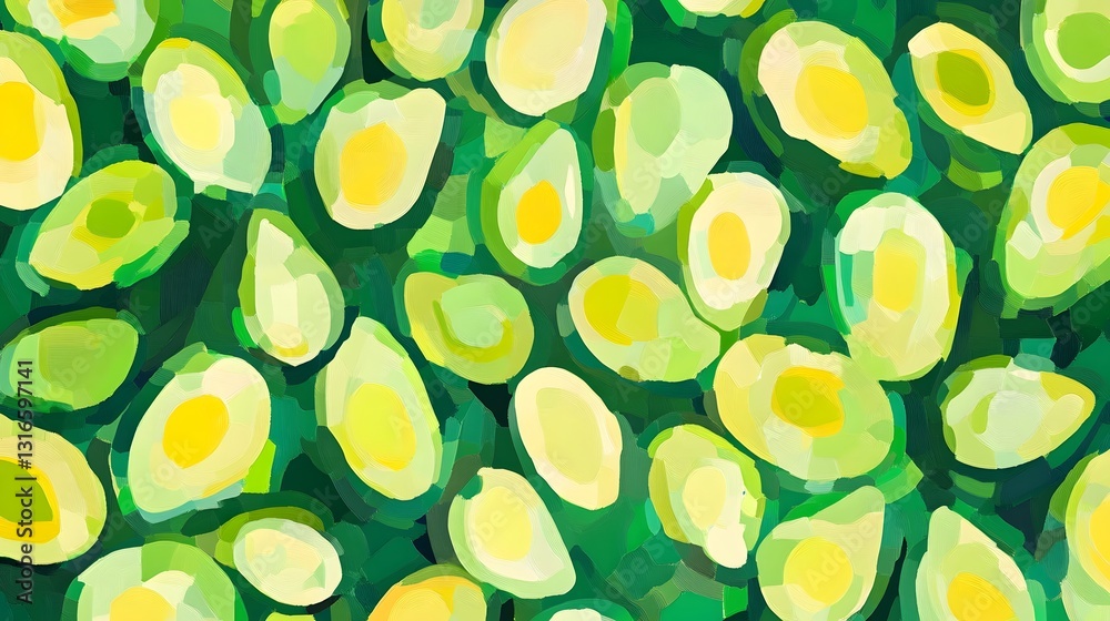 Aufkleber vibrant abstract green and yellow organic pattern with circular shapes and dotted leaf inspired elem