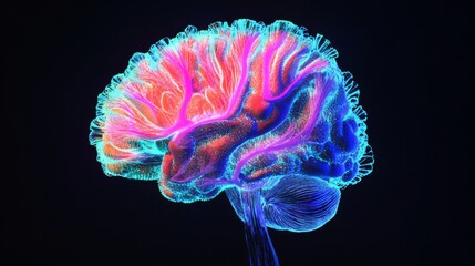 A neon-glowing human brain, anatomically accurate, set against a black background, highlighting its intricate structure. 