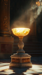 Luxurious Golden Bowl on Ornate Pedestal: Dramatic Lighting & Mystical Ancient Artifact in Regal Setting