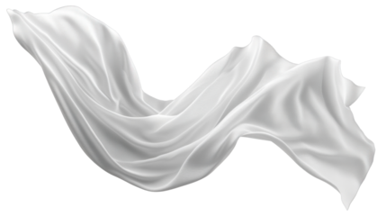 A flowing, elegant white fabric gracefully floating in the air, cut out and isolated on a transparent background, with soft folds and a delicate texture.