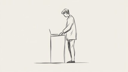 A one-line drawing of a person voting, minimalist black-and-white election awareness poster.