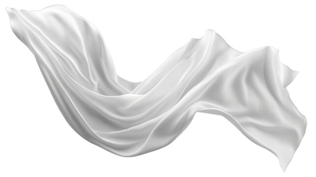 A flowing, elegant white fabric gracefully floating in the air, cut out and isolated on a transparent background, with soft folds and a delicate texture.