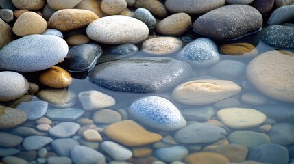 A shallow waterway lined with various types of rocks and small stones, suggesting a natural landscape.