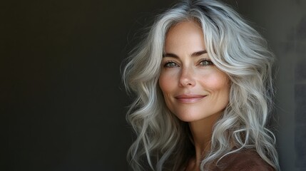 Fototapeta premium Side profile of a smiling woman with silver streaks in her hair, embracing change, natural beauty
