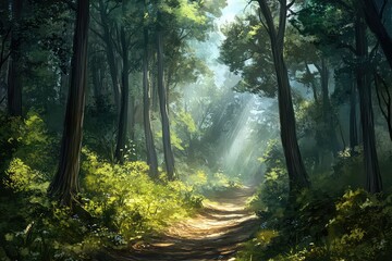 Obraz premium A remote forest path where towering pines create an almost cathedral-like atmosphere.