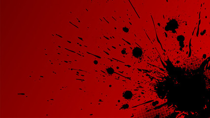 Red background smeared with stains of dirty black drops.