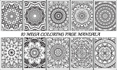 10 Mega coloring page mandala vector bundle. Vintage floral seamless pattern with ornamental design