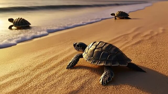 Baby sea turtles crawling to ocean at sunrise.  Possible use Nature, educational material