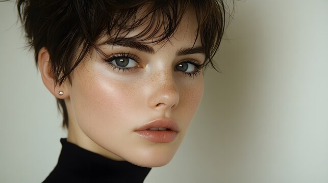 Androgynous individual styling short hair, sleek look, gender-neutral beauty