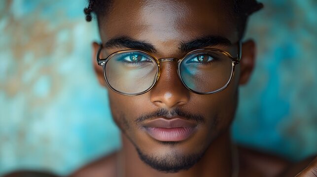 Trans man adjusting glasses, smooth skin, confident gaze