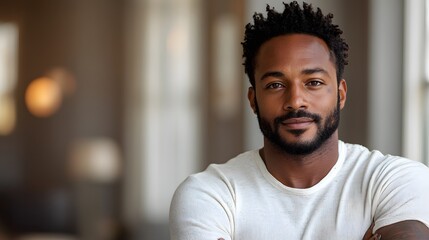 Fototapeta premium Confident man with a keloid scar on his arm, casual pose, embracing imperfections