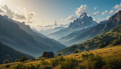 Cabin in Mountain Valley with Layers of Mountains and Clear Sky