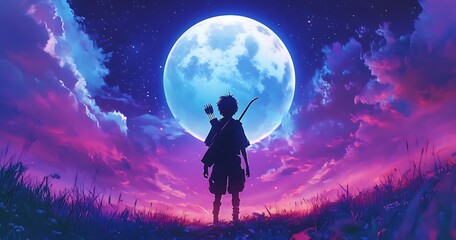 Obraz premium Anime Archer Silhouette at Sunset with Giant Moon, Fantasy Art Illustration
