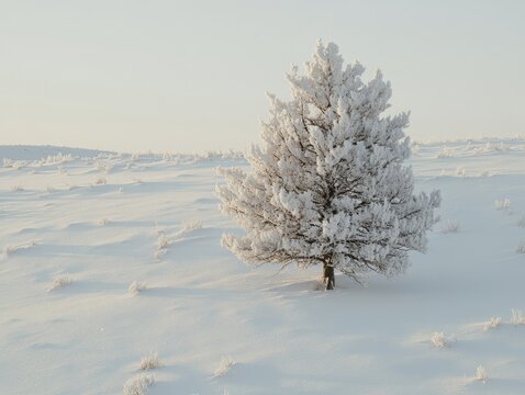 Solitary frosted tree standing on snow-covered field in winter season