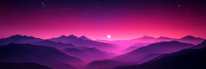 Fotobehang Purple mountains bathed in vibrant sunset with starry sky, perfect for serene landscape art © Asrianto