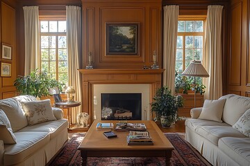 Sunlit living room with fireplace, sofas, and wood paneling.