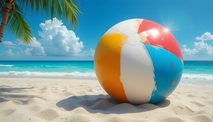 Obraz premium Colorful Beach Ball on Sand with Ocean Waves and Palm Tree