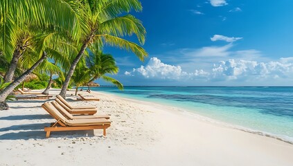 Idyllic Tropical Beach Scene Luxury Beach Chairs Under Palm Trees