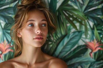 Fototapeta premium Close-up of Model in Front of Tropical Rainforest-Inspired Seamless Pattern with Exotic Birds and Flowers