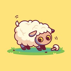 Obraz premium Cute Sheep Finds Mushroom