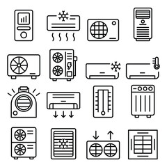 Air Conditioning icon set. Includes cooling, ventilation, AC unit, temperature control, and More. Outline icons vector collection