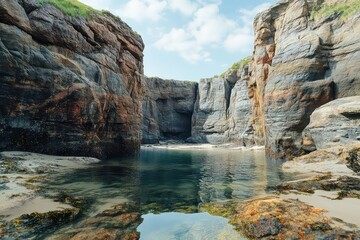 A rock pool nestled between cliffs, holding life in its calm embrace.