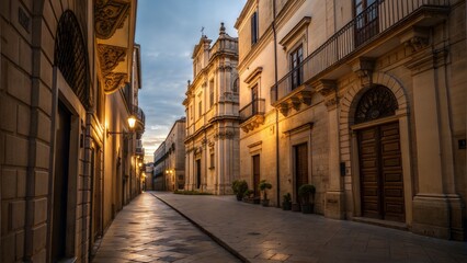 Fototapeta premium Charming evening street view in historic town, warm illumination, peaceful atmosphere, copy space 