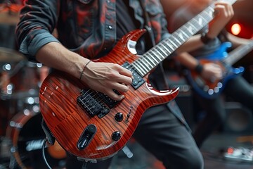 Close-up of a Guitarist's Hands Strumming an Electric Guitar