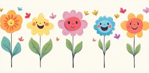 A row of smiling flowers with cheerful smiling faces