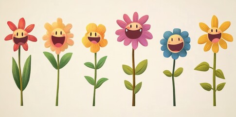 Illustrated colorful cartoon flowers with expressive happy faces and stems