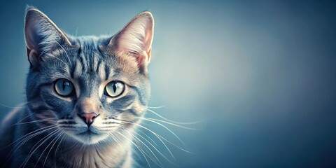 A captivating close-up portrait of a grey tabby cat, its expressive eyes gleaming with intelligence and curiosity, against a soft blue backdrop.
