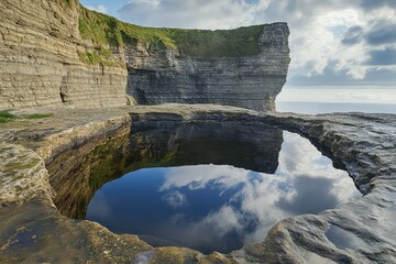 A rock pool with a reflective surface mirroring the surrounding cliffs and sky.