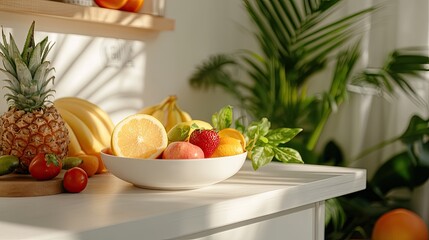 Fresh and Vibrant Fruits Displayed in a Sunlit Kitchen Environment
