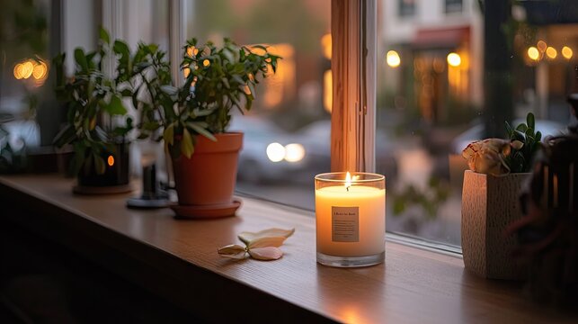 Cozy indoor scene with candle, plant, and window view at dusk