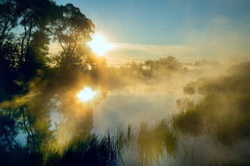 Fototapeta premium Incredibly beautiful sunrise in the fog on a small river and rays of the sun. magic of light and dawn. beautiful summer landscape 