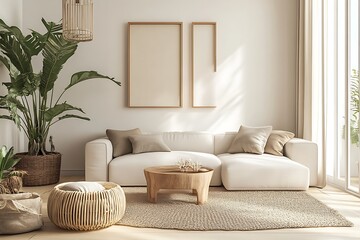 Bright and Elegant Minimalist Living Room with Light Furniture and Plants