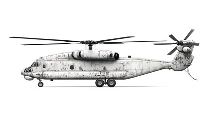 Weathered Military Cargo Helicopter on Wheels, 3D Render, Side View