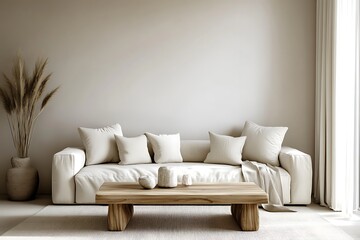 Bright and Elegant Minimalist Living Room with Light Furniture and Plants