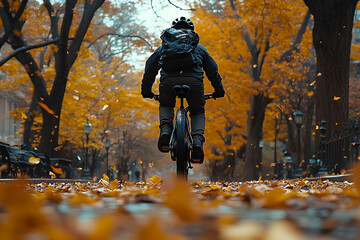 Autumn City Street Cyclist with Falling Leaves