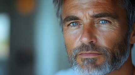 Older man looking in the mirror after eyelid surgery, pleased with his youthful appearance