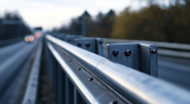 Stainless steel guardrail runs parallel to a highway, capturing dusk light as vehicles move quickly in the background