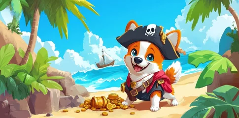 A cheerful cartoon pirate dog smiles happily on a beach