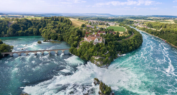 Aerial photography with drone of Rhine Falls with Schloss Laufen castle, Switzerland. Rhine Falls is the largest waterfalls in Europe