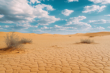 Sand desert with drought plain land, Landscape view of sand dune and desert.