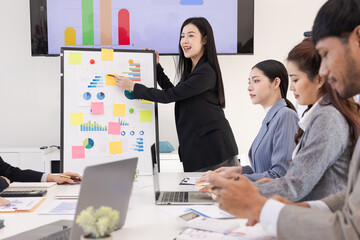 Group of business people working together with dashboard analysis and data management a meeting table in an office.