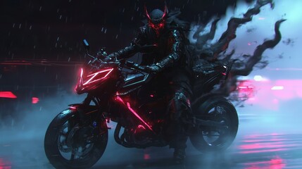 Neon Samurai Riding a Motorbike in a Swirling Dark Atmosphere
