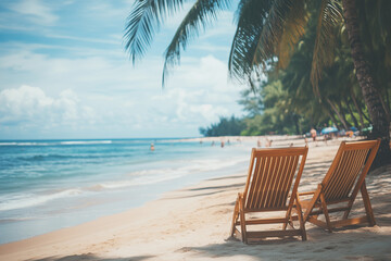 Tropical beach with summer vibe, Summer vacation recreation, Landscape view of beach with chair and umbrella for relax in vacation time.