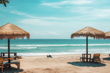 Tropical beach with summer vibe, Summer vacation recreation, Landscape view of beach with chair and umbrella for relax in vacation time.