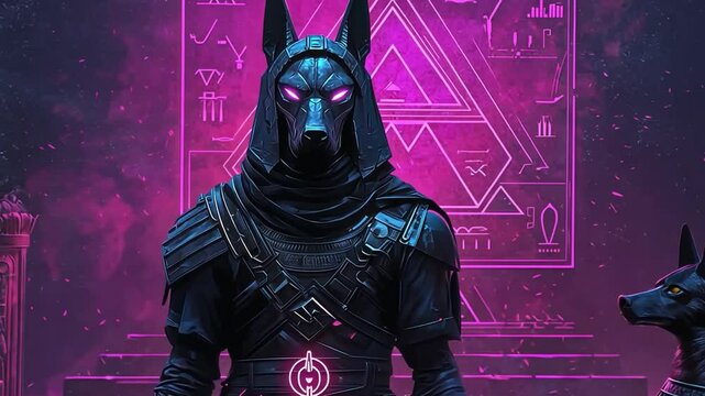 Mysterious figure in dark robes with anubis mask standing alongside a loyal canine companion, set against a backdrop of ancient symbols and eerie purple glow