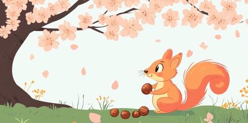 A cute squirrel gathers nuts under a blossoming cherry tree
